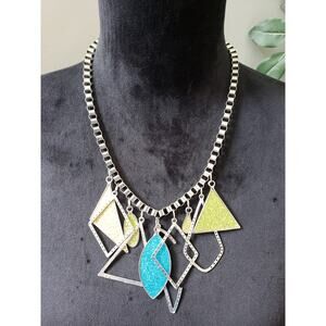 Women's Geometric Statement Necklace Glitter Blue Yellow Green Silver Link Chain